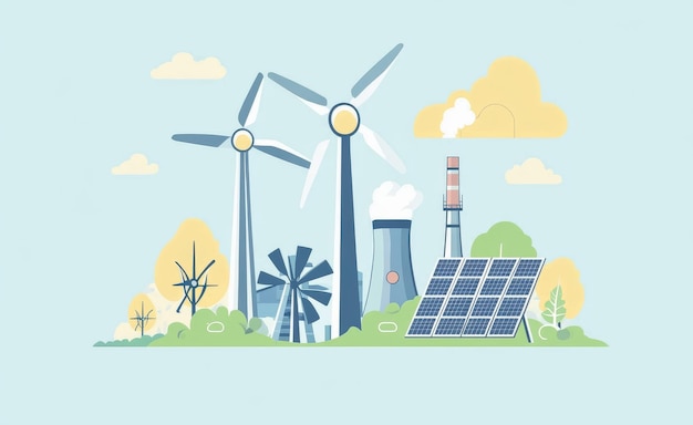 Photo illustration of renewable energy sources including solar panels and wind turbines