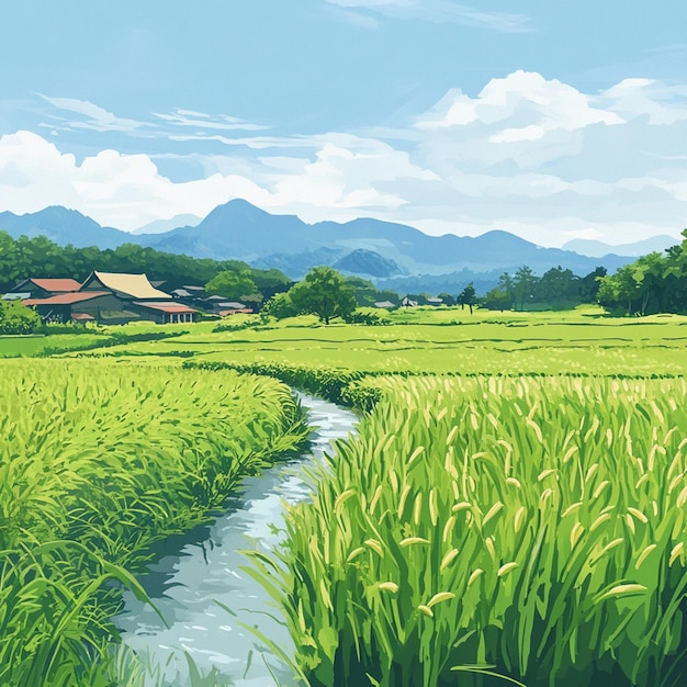 Illustration of a rice field view during the rice field season