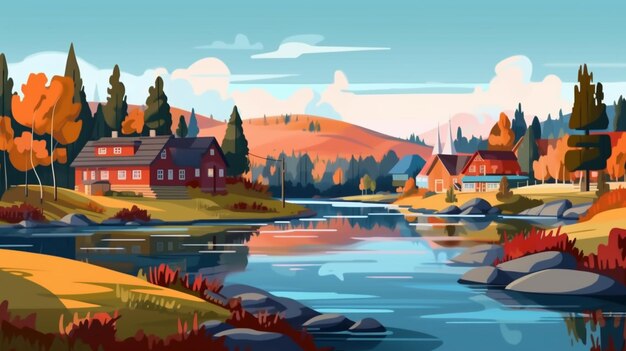 Illustration of a river with a house and a boat in the middle generative ai