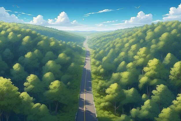 Photo the illustration of a road from a birdseye viewaiming for a horizon in forest landscapes with the blue sky and clouds in the backgroundempty space leaves room for design elements or textpanorama