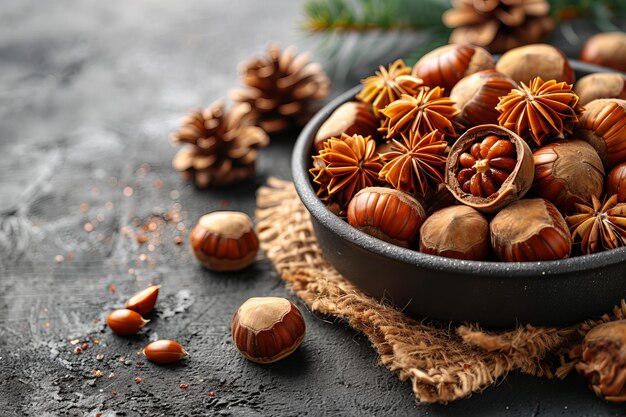 Illustration of roasted chestnuts in pan on wooden table closeup photo of delicious opened christma