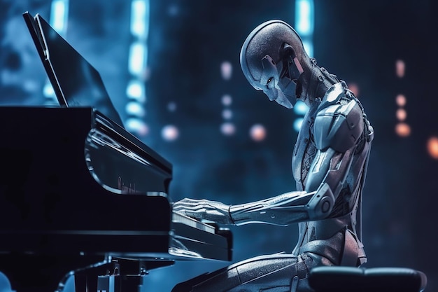 Illustration of a robot cyborg playing piano