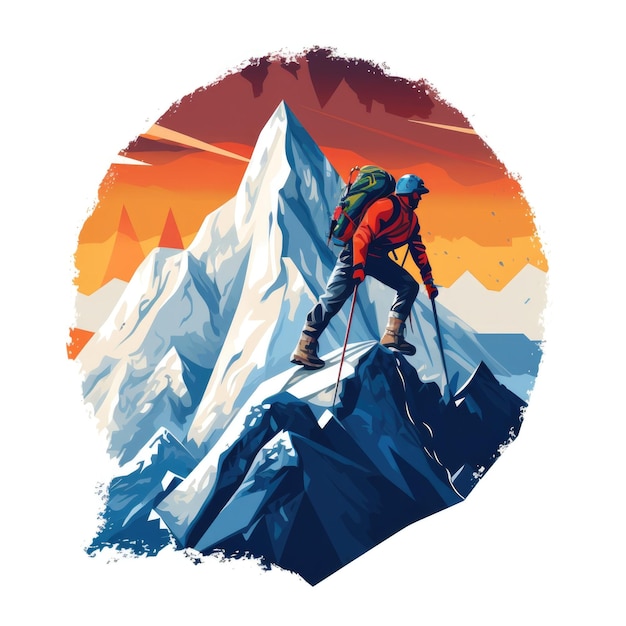 illustration of rock climber on top mountain Circle logo of sport and tourism