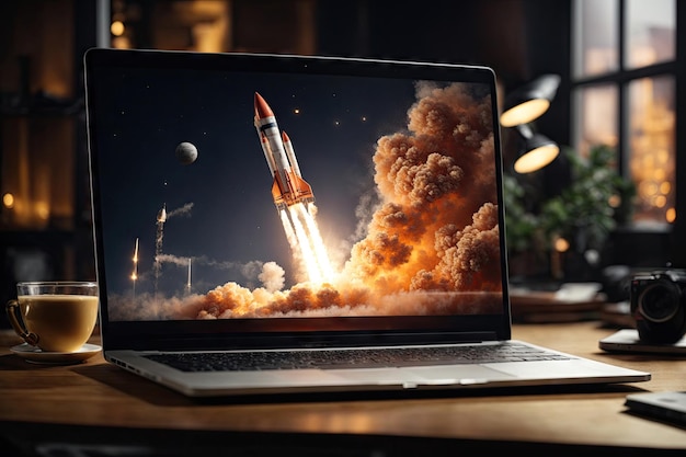 Illustration of rocket taking off from laptop screen ai generative