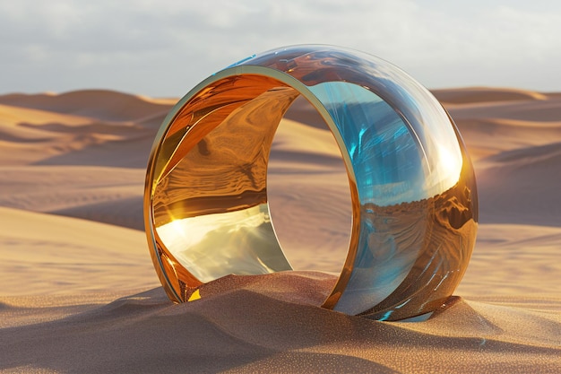 Illustration of round glass ring in the desert with sand dunes