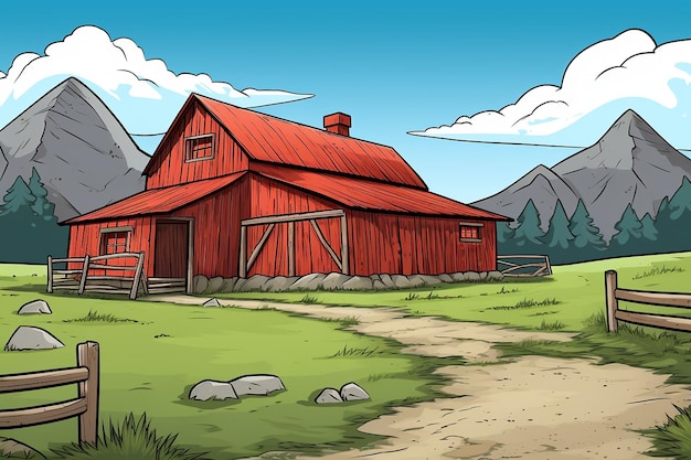 Illustration of a rustic farmhouse with a red barn and rolling hills in the background