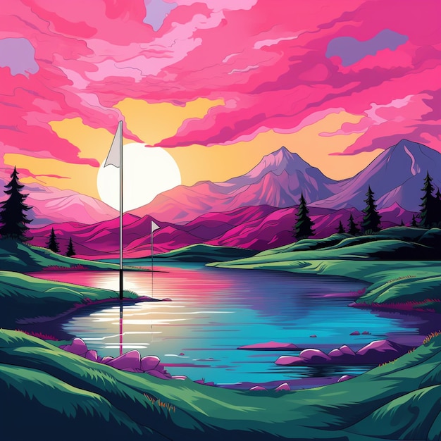 illustration of a sailboat sailing on a lake in a beautiful sunset generative ai