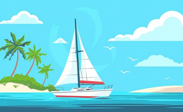 Photo illustration of a sailboat on a tranquil sea with a tropical island background