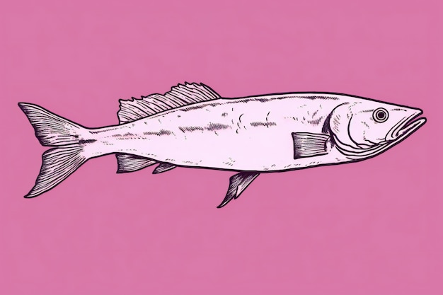 Illustration of a salmon on a pink background in engraving style