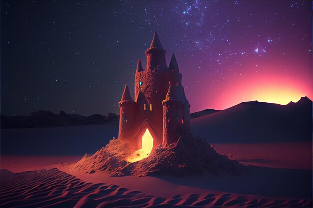 Illustration of sandcastle warm golden light comes from the windows at sunset ai