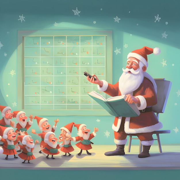 Illustration of Santa Claus with a book and his little helpers Christmas card as a symbol of remembrance of the birth of the savior