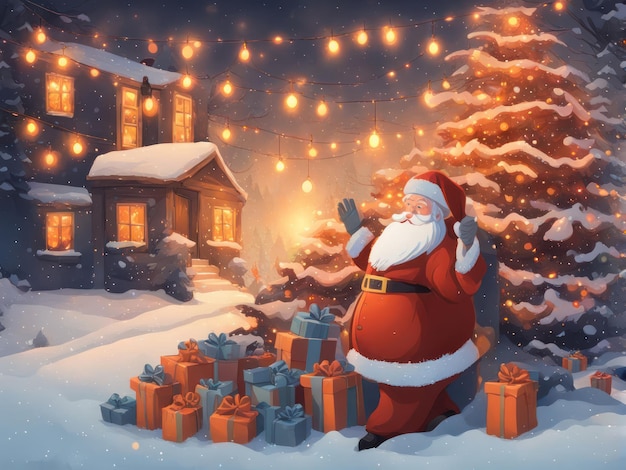 illustration Santa in winter with a lot of gifts near him