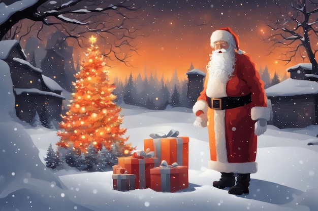 illustration Santa in winter with a lot of gifts near him