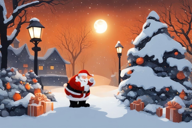 Photo illustration santa in winter with a lot of gifts near him