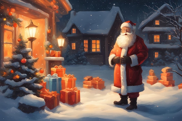 illustration Santa in winter with a lot of gifts near him