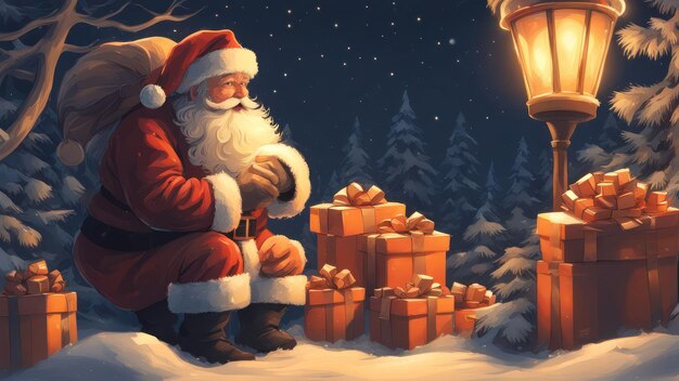 Photo illustration santa in winter with a lot of gifts near him