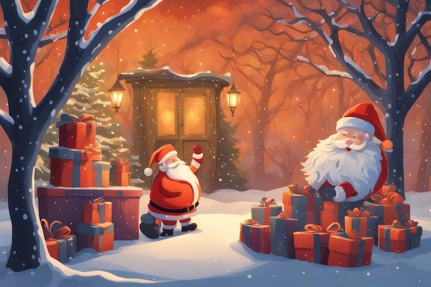 Photo illustration santa in winter with a lot of gifts near him