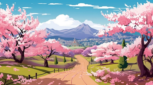 Illustration of a scenic landscape with a road and flowering trees generative ai