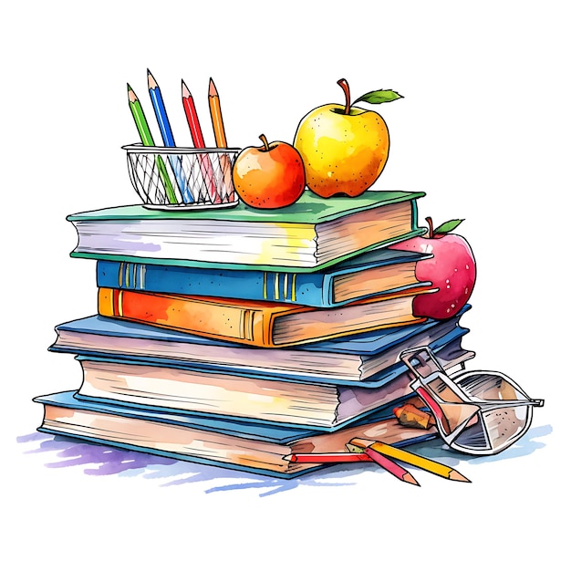 illustration of school books and homework on a desk white background