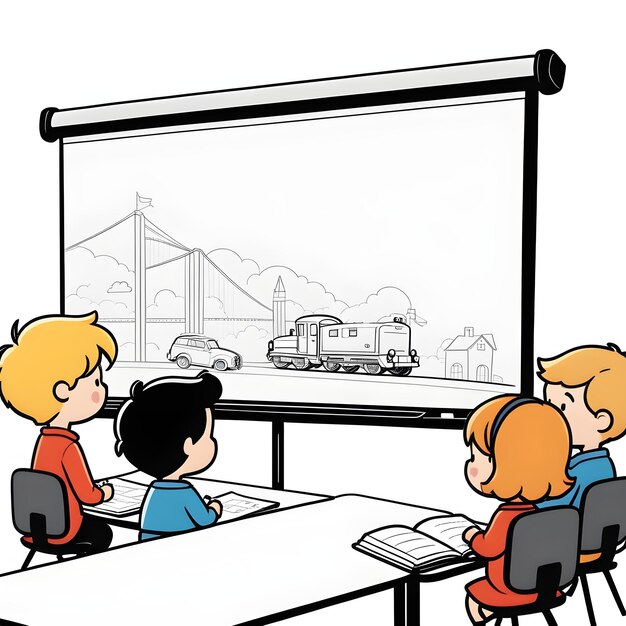 Photo illustration of school kids studying in front of whiteboard vector