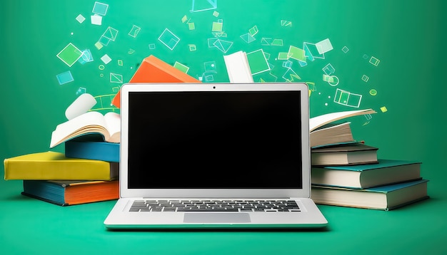 Illustration of school laptop with empty blank screen in green background