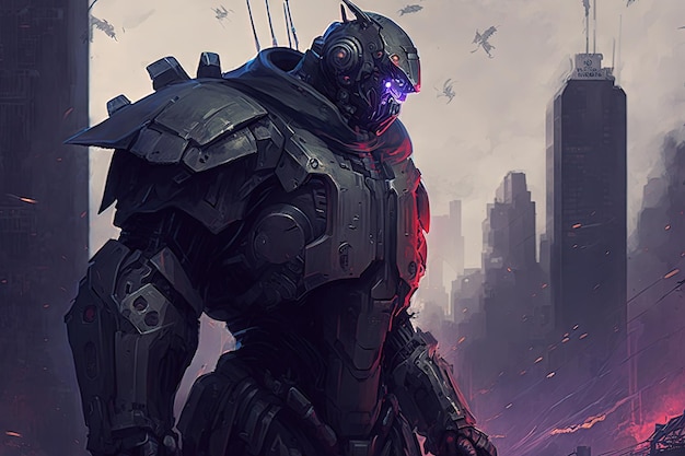 Illustration of science fiction military robot warrior emerging above a dystopian cityscape