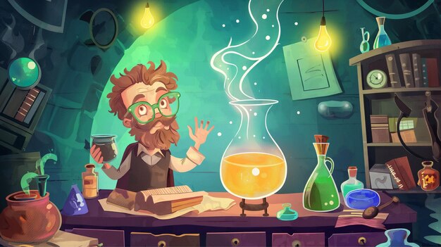 An illustration of a scientist in his laboratory Scientist i kids story Mixing magic ingredients