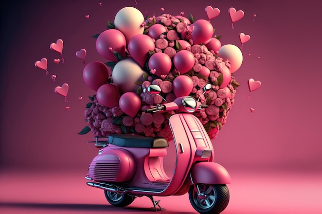 Illustration of a scooter delivering flowers and balloons for Valentine's Day AI generation