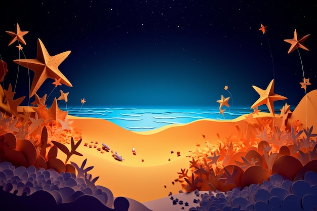 An illustration of a sea landscape with a starfish and a fish on the bottom.