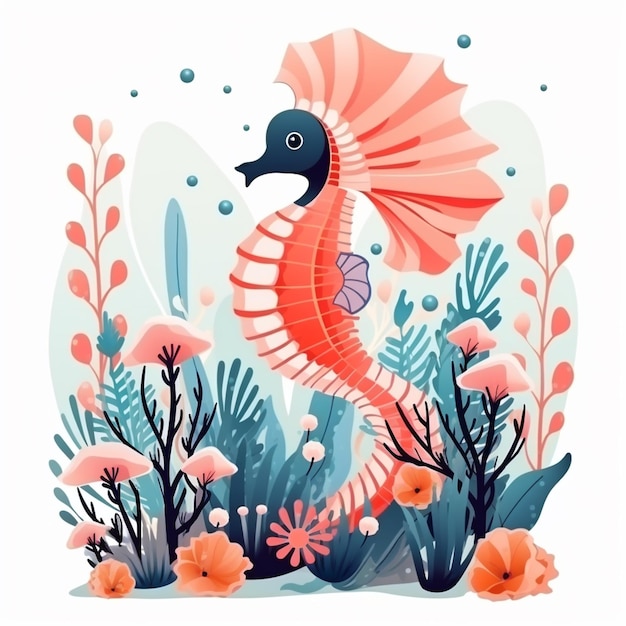 illustration of a seahorse in the ocean surrounded by corals and plants generative ai