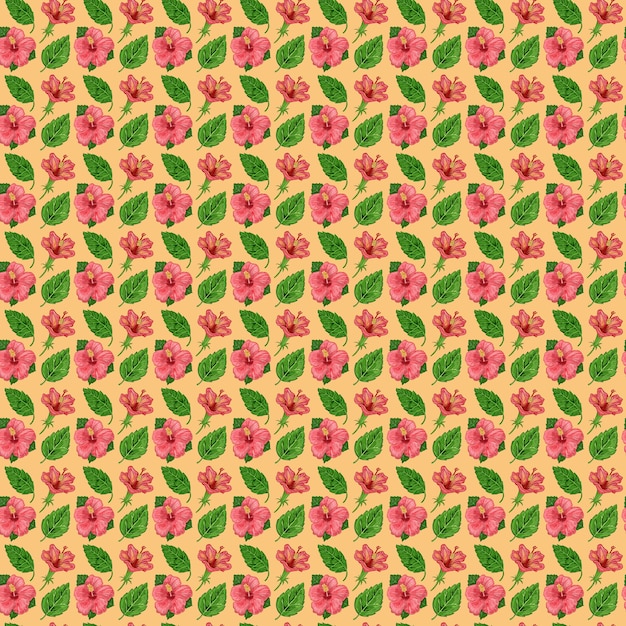 Illustration of a seamless pattern of hibiscus plants flowers and leaves of a plant on a background