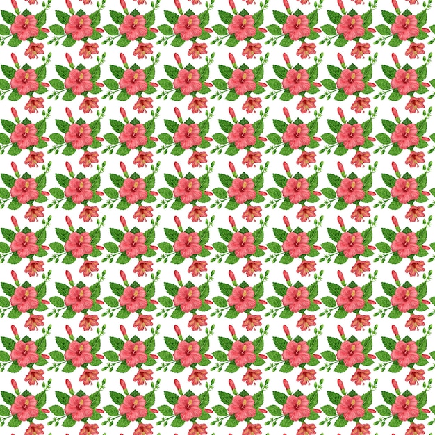 Illustration of a seamless pattern of hibiscus plants flowers and leaves of a plant on a background