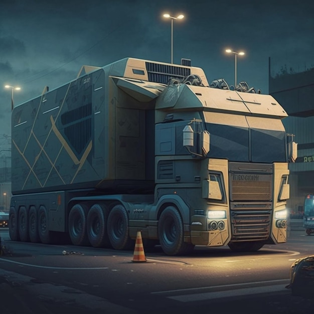 Illustration of a semi truck parked on the side of a rural road created with Generative AI