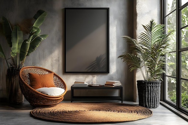 Photo illustration of a serene interior design with a tropical plant rattan armchair and blank frame