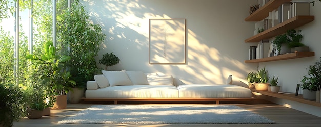 Photo illustration of a serene minimalist living room with lush greenery