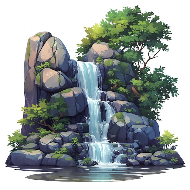 Illustration of a serene waterfall cascading over rocks surrounded by lush greenery