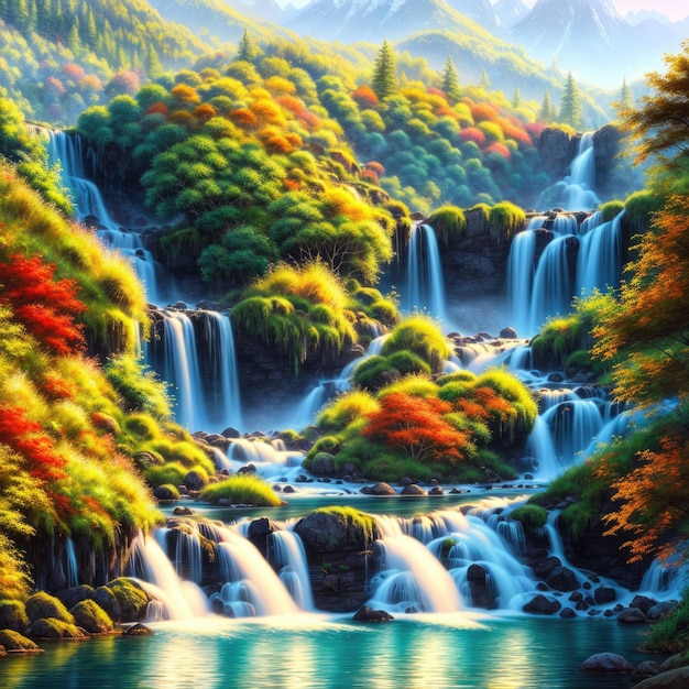 Illustration of a serene waterfall cascading through a lush green forest created with Generative AI