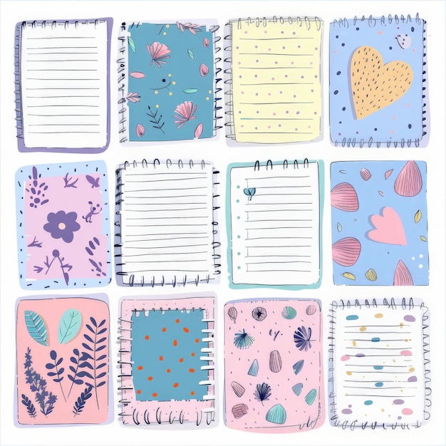 Photo illustration set of cute paper notes for daily planner hand drawn notebook sheets doodles