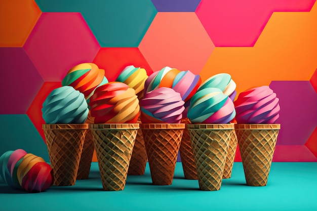 Illustration Set Delicious Colorful Sweet Ice Cream In Waffle Cups