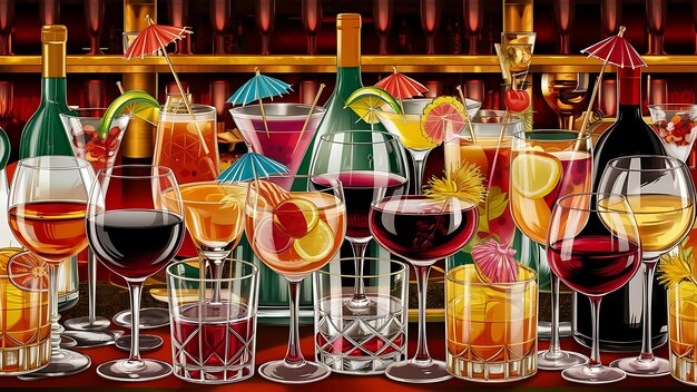 Illustration of a set of different bar glasses with wine and different cocktails decorated with fruit tubes and umbrellas