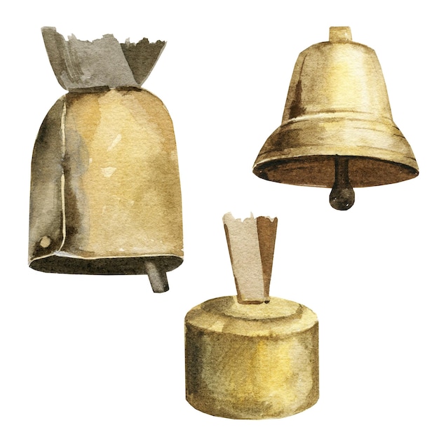 Illustration of set of different bells watercolor bells for cows metal bells for cows' necks sketch