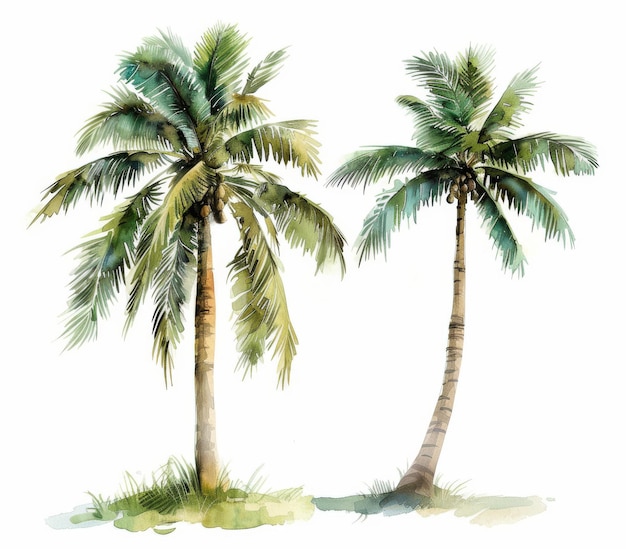 Illustration set of palm trees in watercolor isolated on a white background