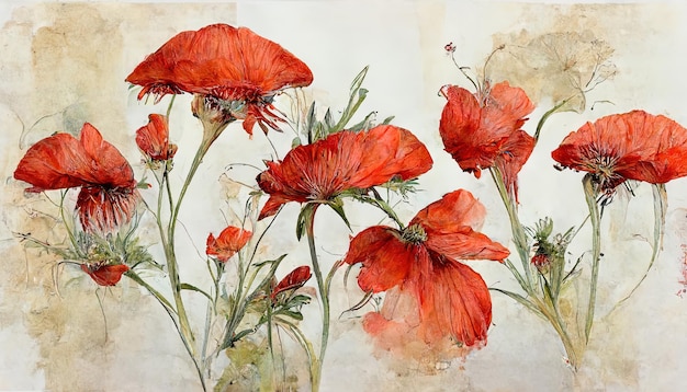 Illustration set of red poppies flowers and leaves watercolor painting Generative Ai