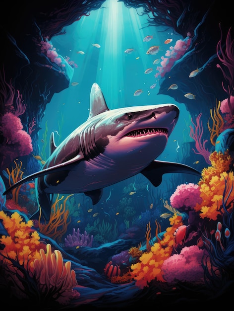 illustration a shark swimming gracefully amidst a vibrant underwater scene