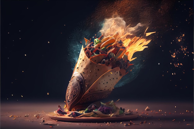 Illustration of shawarma sandwich with fire and smoke AI