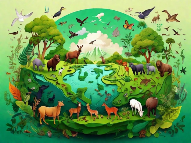 An illustration showcasing diverse flora and fauna thriving on Earth