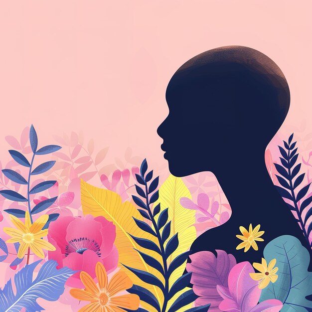 Photo illustration of silhouette breast cancer survivor with colorful leaves and flowers background