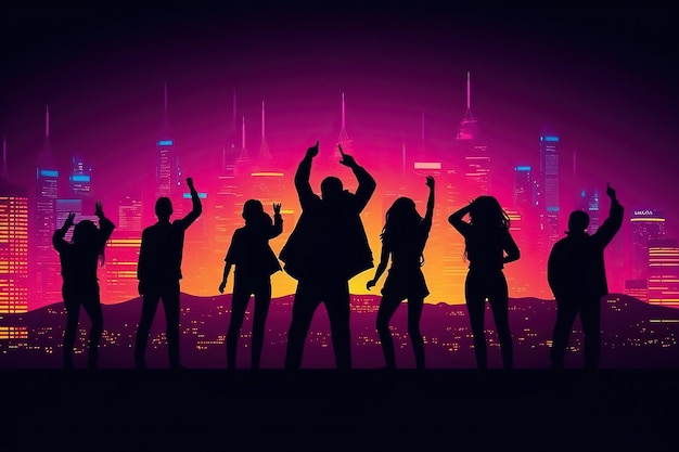 Illustration of silhouette of people with hands up at a concert or music festival illuminated by vibrant neon lights conveying the excitement and energy of live music events Generative AI