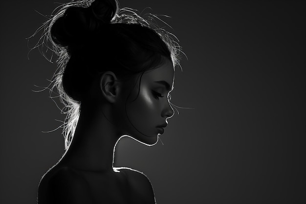 Illustration of silhouette of a woman with her hair in a bun against a dark grey background a silho