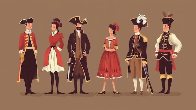 An illustration of six people dressed in colonial attire